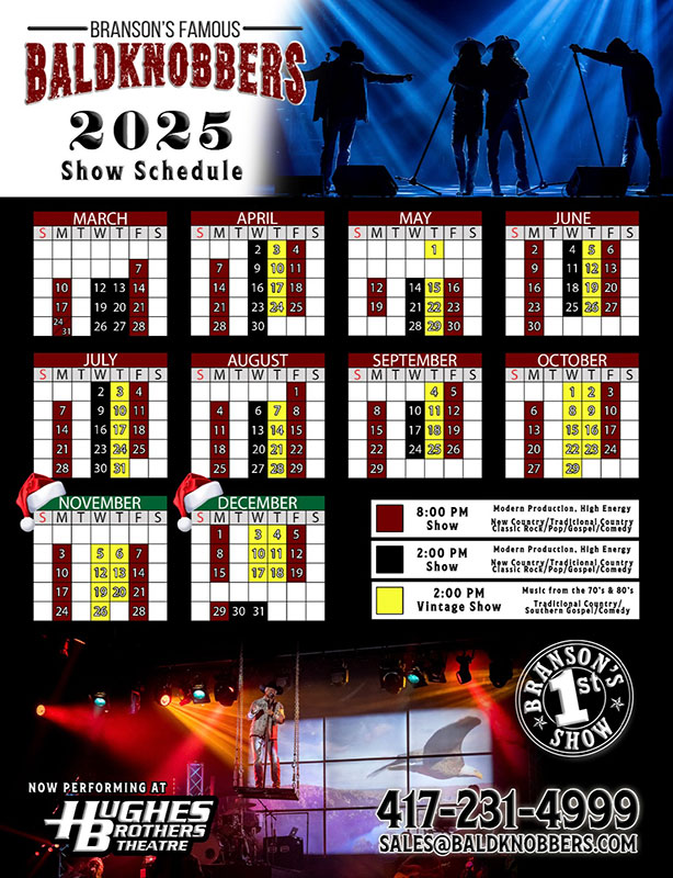 Baldknobbers 2025 Schedule at the Hughes Brothers Theatre, Branson MO